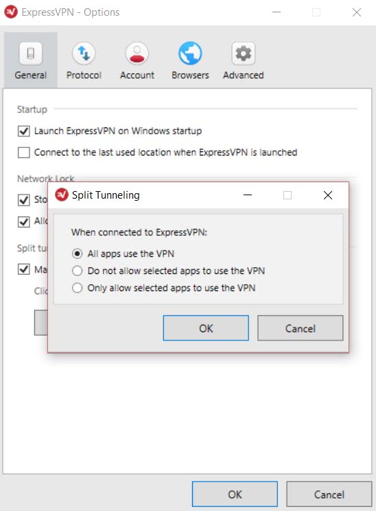 A screenshot of the ExpressVPN for Windows split-tunneling settings screen.