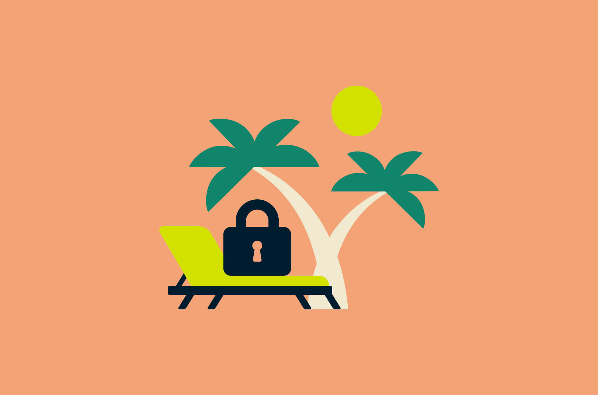 Palm trees, deck chair, and a lock.