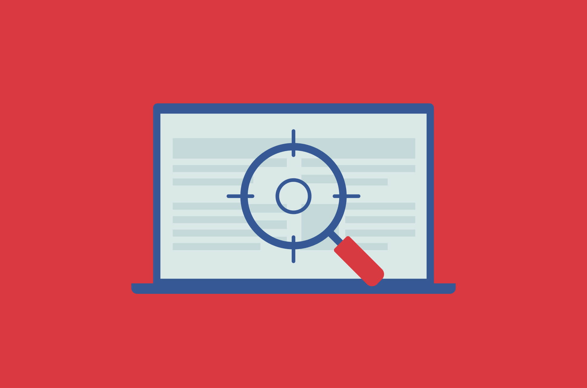 A magnifying glass with crosshairs over a laptop.