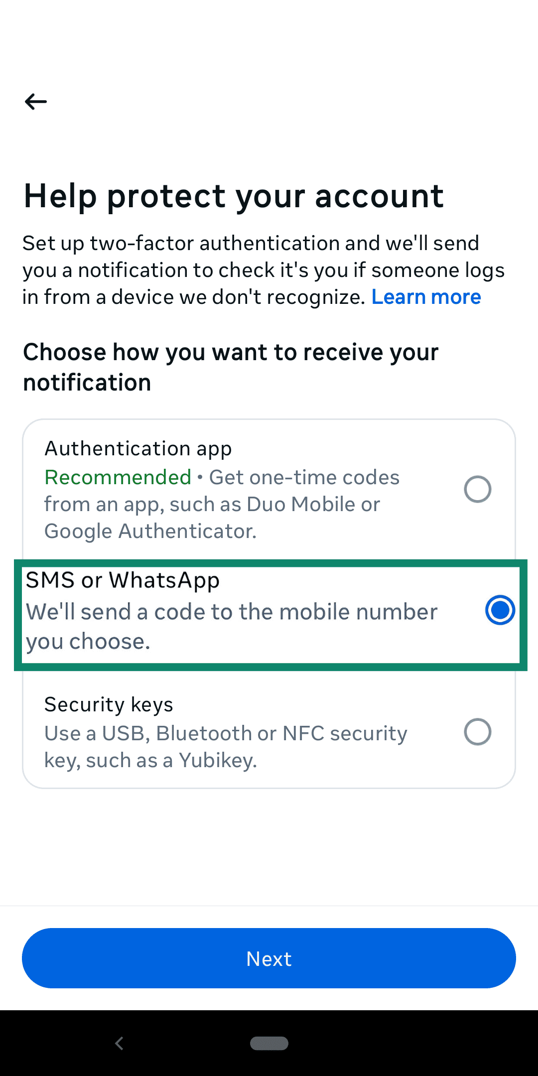 The SMS or WhatsApp 2FA options in a generic app