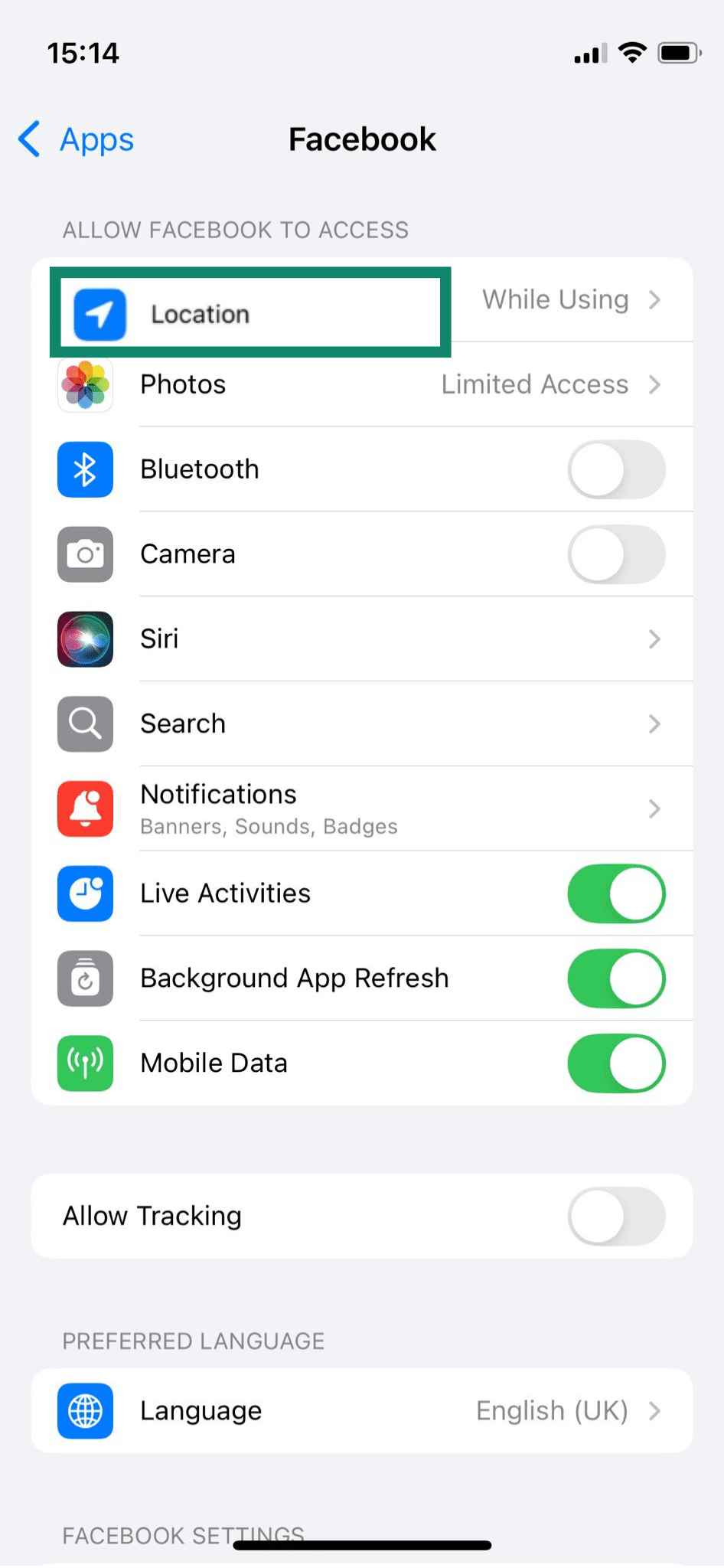 The Facebook Location settings on an iPhone.