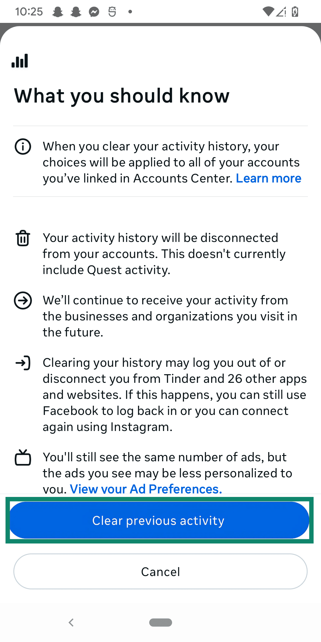 Confirming that you want to clear your Meta activity.