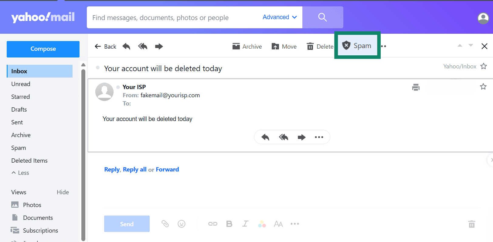 A screenshot showing the steps to report a phishing email in Yahoo.