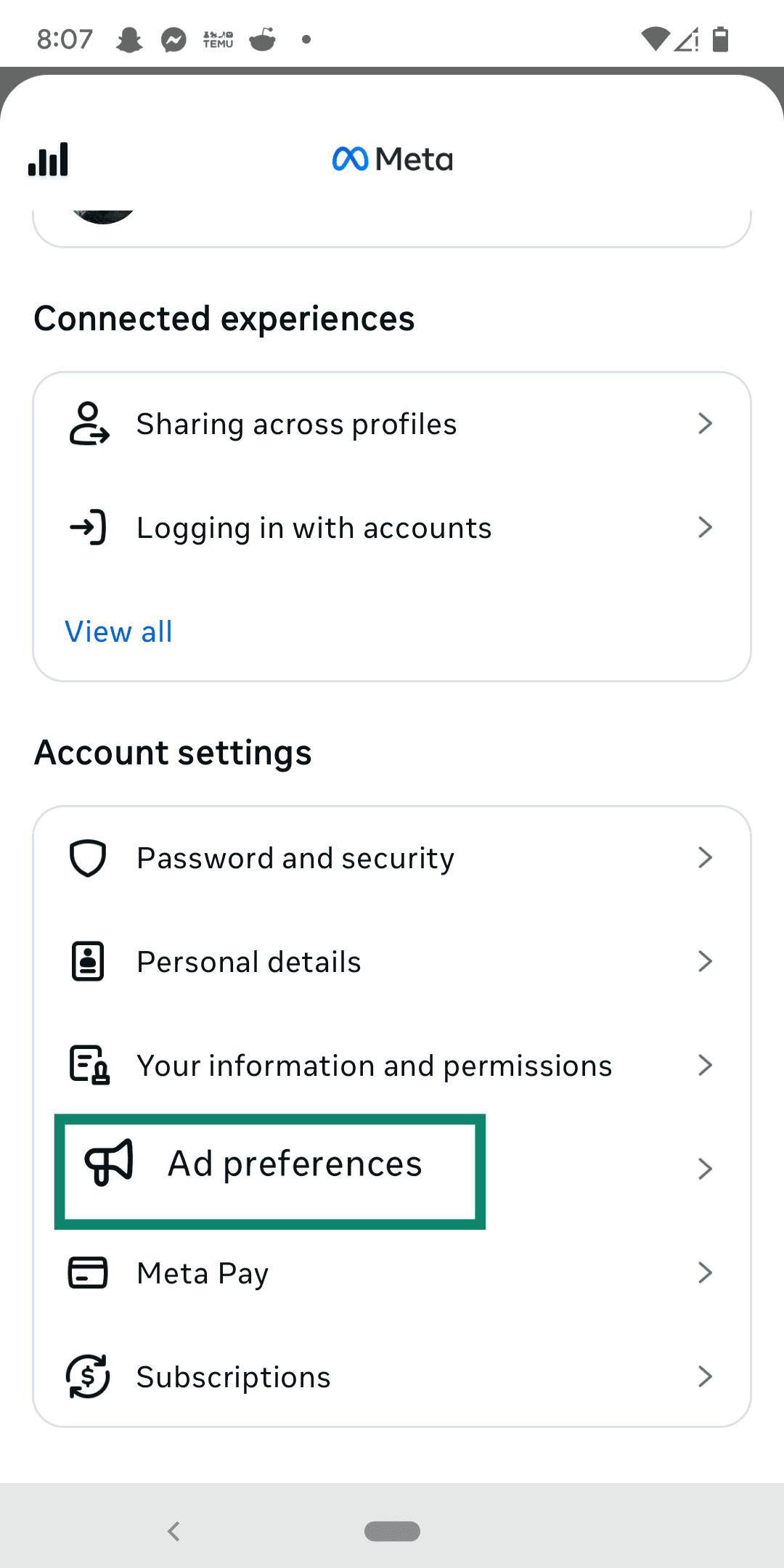 Choosing Ad preferences from Meta Account Center.