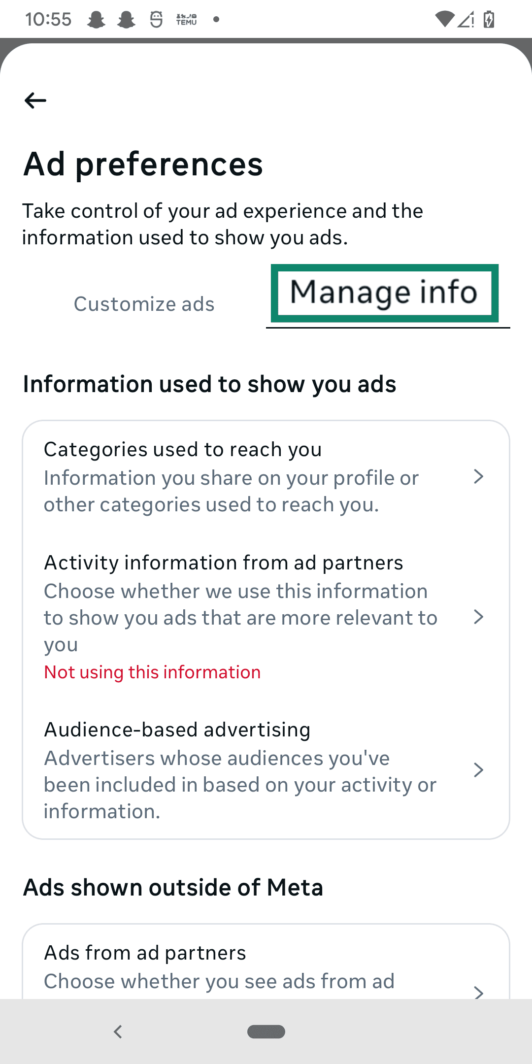 Choosing the Manage info field within Ad preferences.
