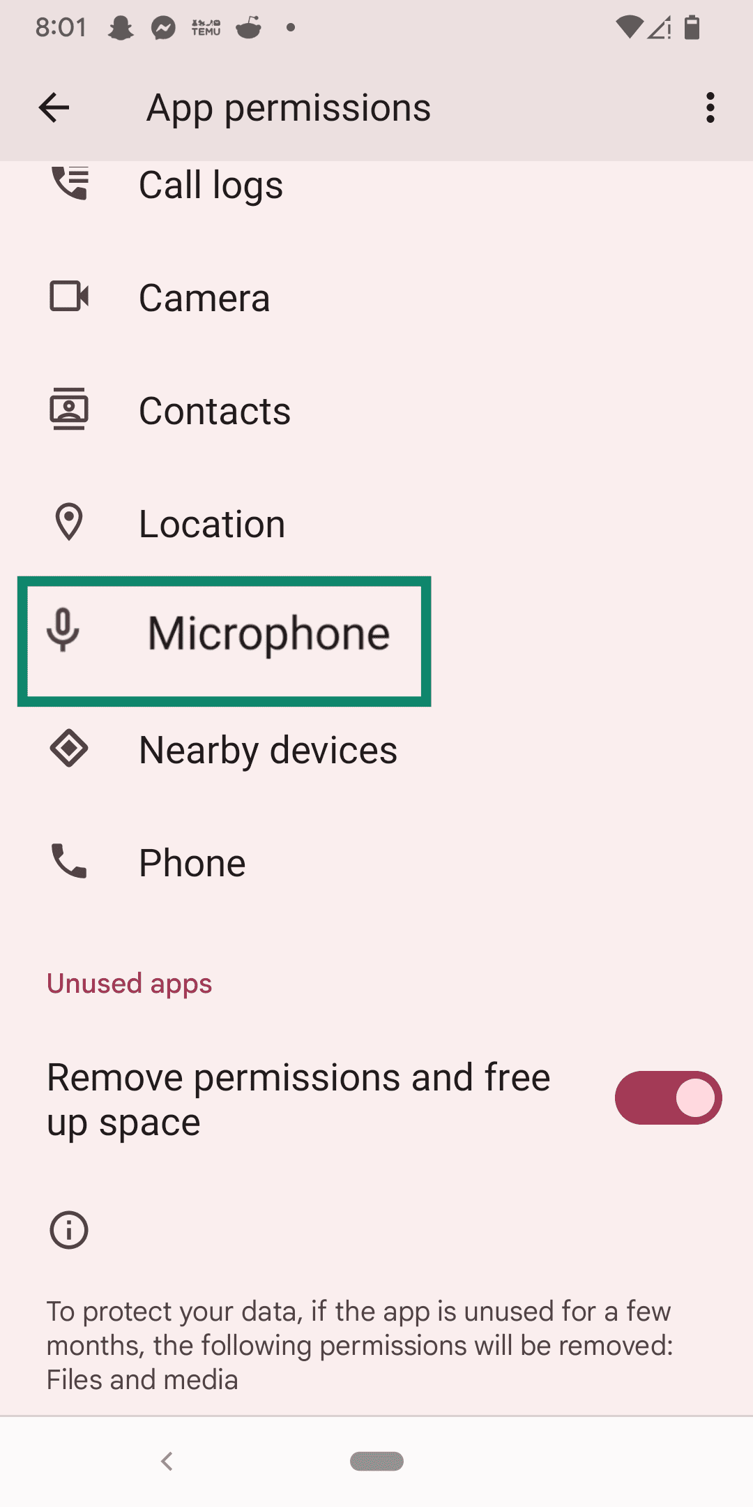 The Microphone option in Facebook Permissions.