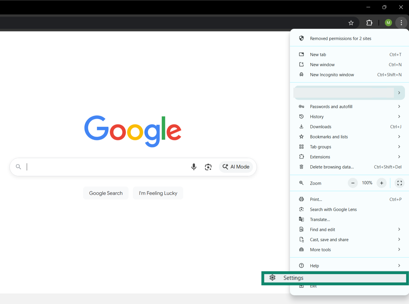 A screenshot of Google Chrome, showing the drop-down menu and the Settings option.