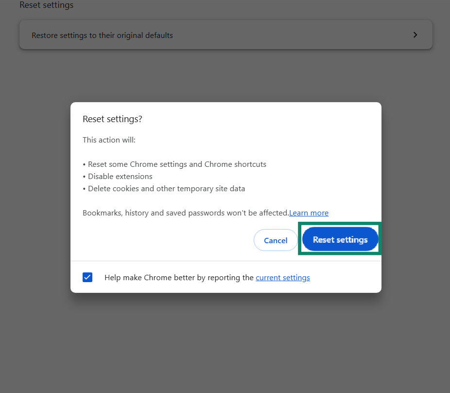 A screenshot showing the option to reset the settings of Google Chrome.