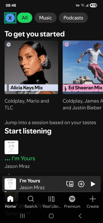Spotify mobile app home page with the user profile picture highlighted.