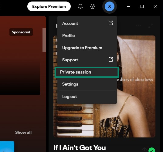 Spotify desktop app user profile menu with Private session highlighted.