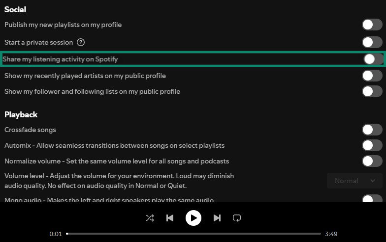 Spotify desktop app Settings menu with Share my listening activity on Spotify highlighted.