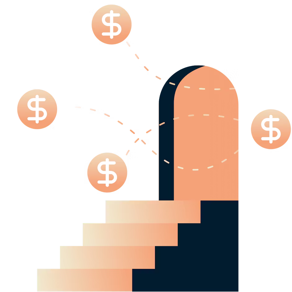 Stairs leading to a doorway with dollar signs coming out of it.