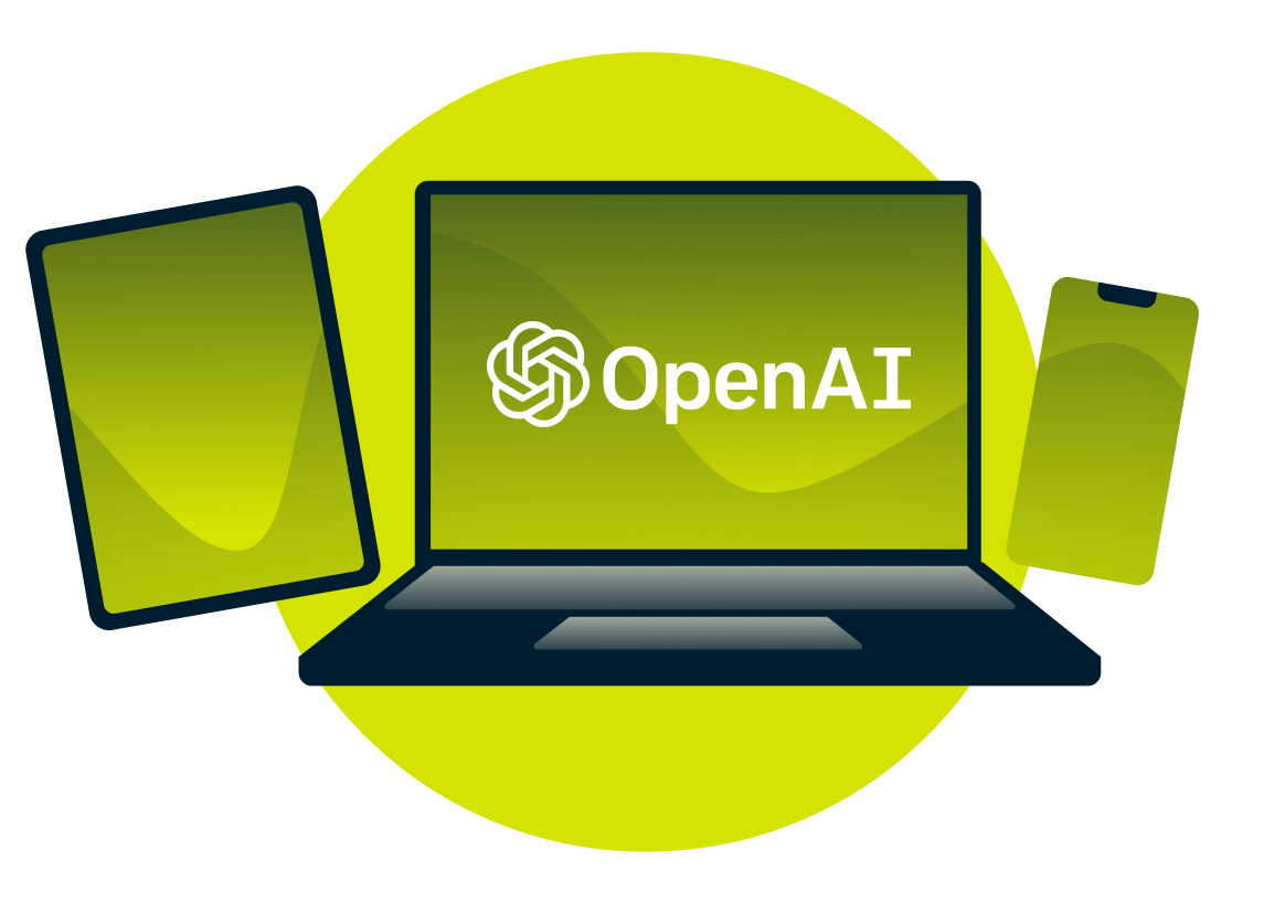 A laptop, tablet, and phone, with the OpenAI logo.