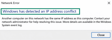 Screenshot of "Windows has detected an IP address conflict" error alert