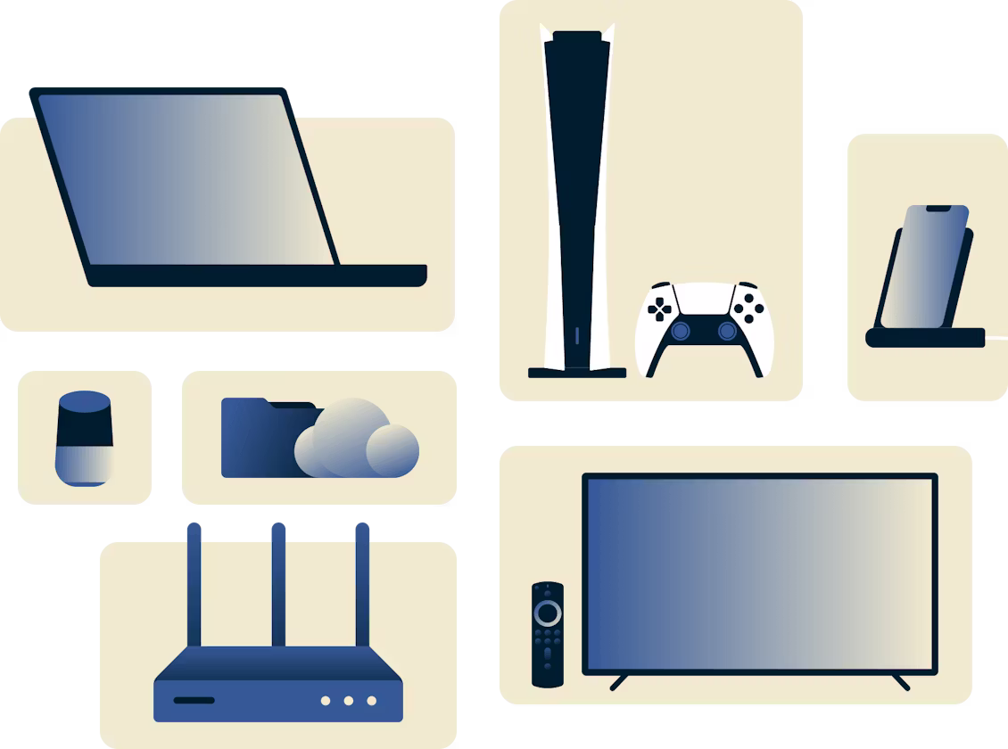 Illustrations of various devices: laptop, smart TV, game console, smartphone, router