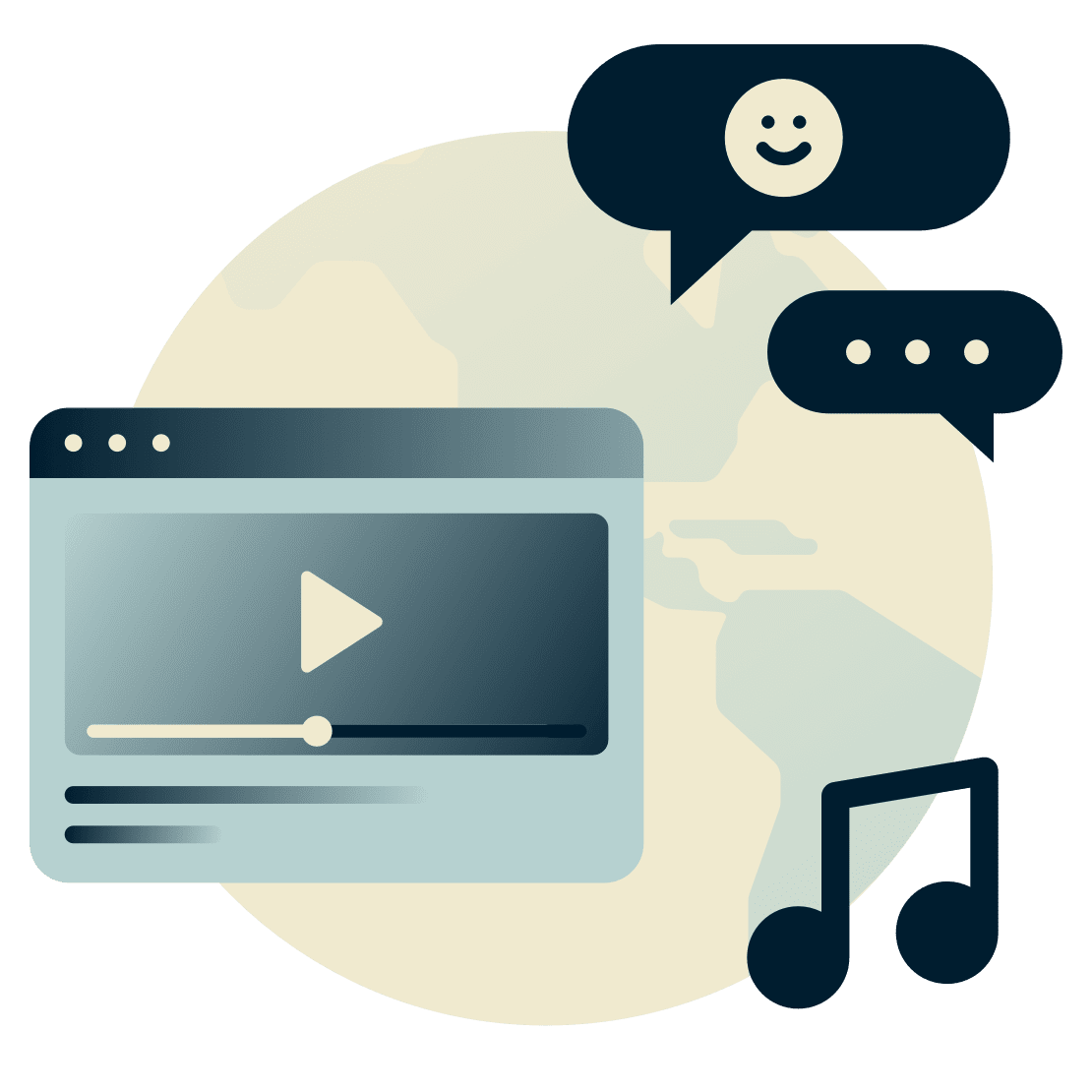 Globe with video player, music and chat.