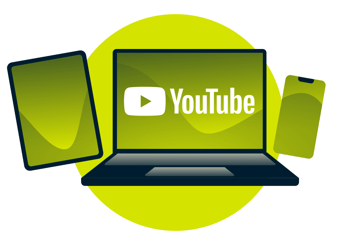 A laptop, tablet, and phone, with the YouTube logo.