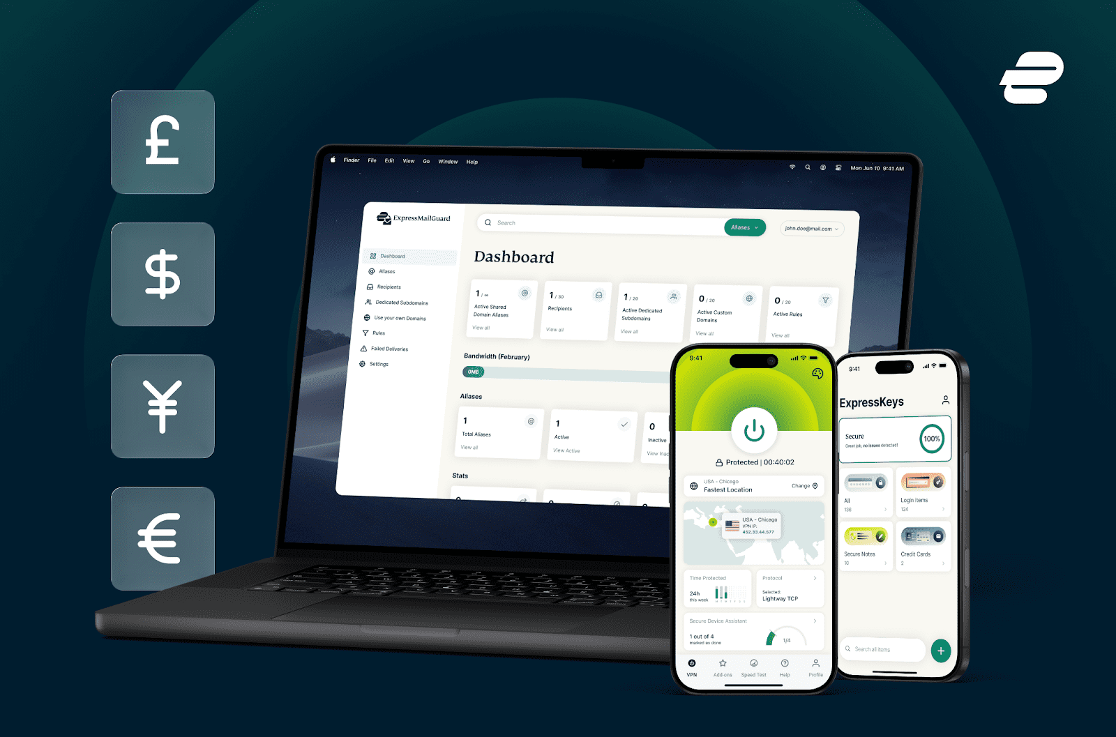 ExpressVPN apps running on devices surrounded by currency icons