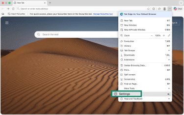 Settings option from menu in Microsoft Edge.