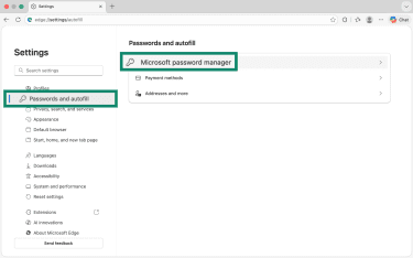 Microsoft password manager under Passwords and autofill in Microsoft Edge settings.