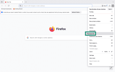 Passwords in Settings menu on Firefox.