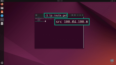 The ip route get command in a terminal, displaying the source IP.