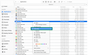Get Info option in Applications of Mac.