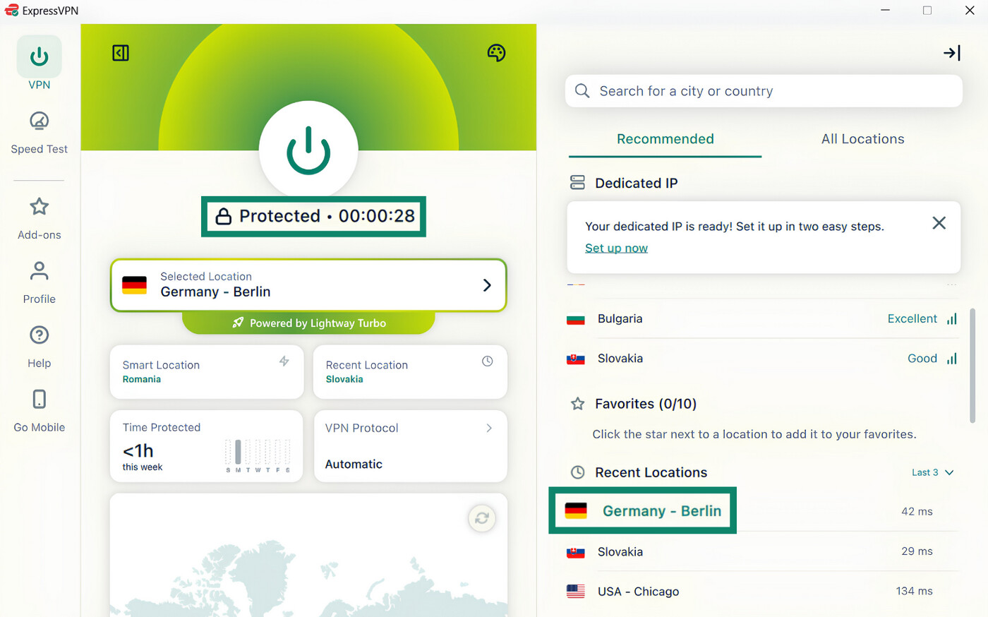 ExpressVPN showing the Germany server and the "Protected" status.