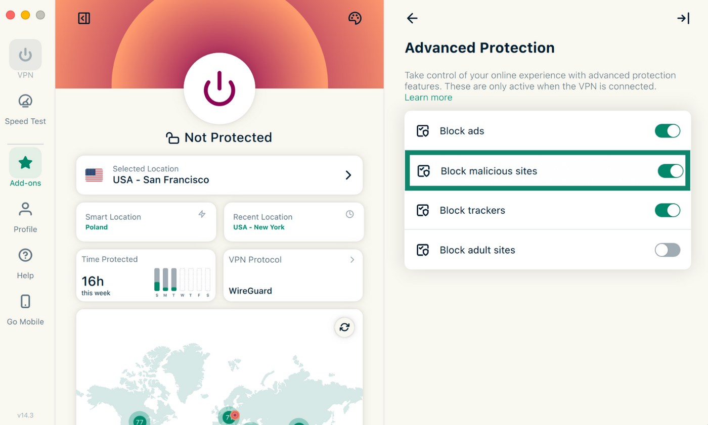 Enabling the "Block malicious sites" feature on ExpressVPN.