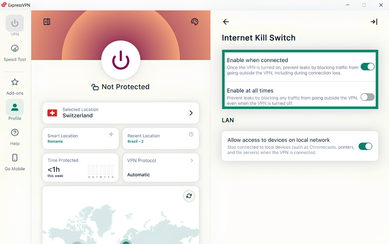 ExpressVPN Windows app showing the "Enable when connected" and "Enable at all times" options for the internet kill switch highlighted.