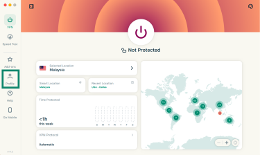 ExpressVPN macOS app interface with Profile in the left panel highlighted.