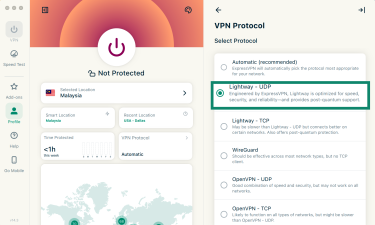 ExpressVPN macOS app VPN Protocol screen with Lightway - UDP highlighted.