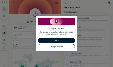 ExpressVPN macOS app VPN Protocol interface with the Are you sure? prompt showing.
