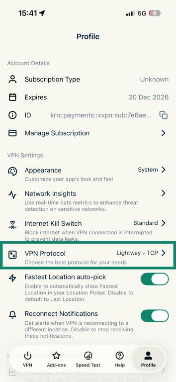 ExpressVPN Android app with VPN Protocol highlighted in Profile settings.