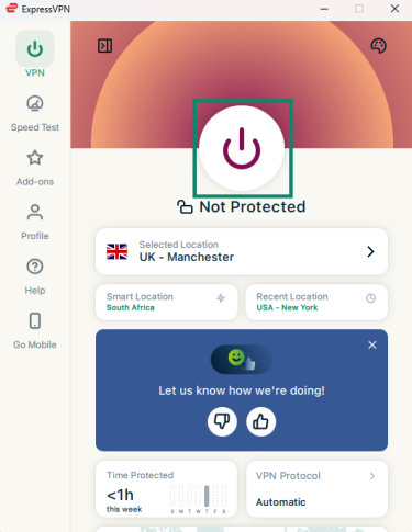 The ExpressVPN Windows app with the connect button highlighted